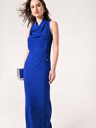Abito Lungo Blu Cina con Scollo Drappeggiato