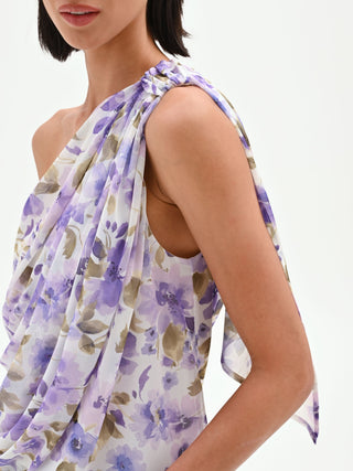 Lilac Floral Print One-Shoulder Top