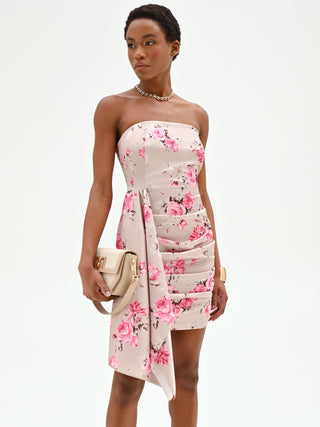 Mini abito rosa con stampa floreale e drappeggio