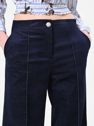Pantalone blu navy in velluto con risvolto a contrasto