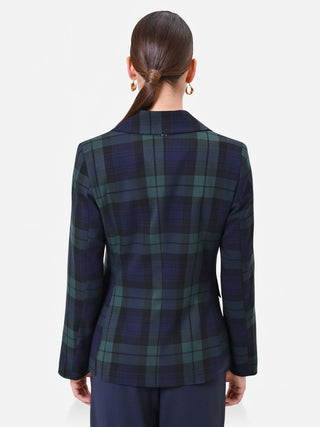 Blue Tartan Viscose-Blend Single-Breasted Jacket