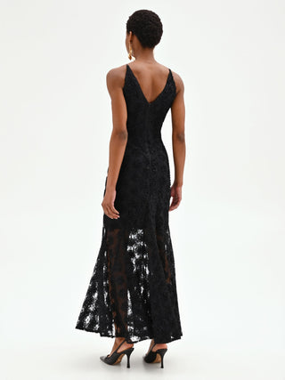 Langes schwarzes Mermaid-Kleid mit floraler Textur