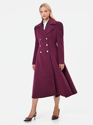 Burgundy Red Double-Breasted Flared Coat