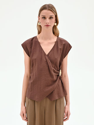 Blusa a portafoglio color cioccolato in viscosa