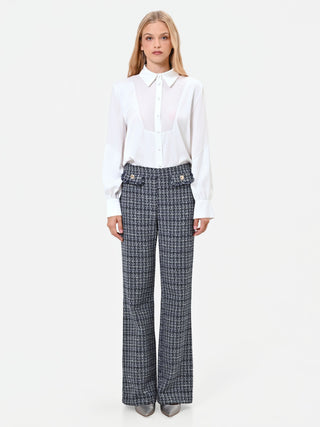 Navy Blue Bouclé Straight-Leg Trousers