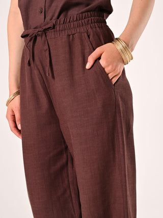 Pantalon ample marron chocolat en lin et coton