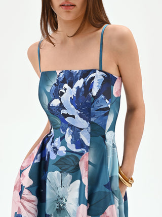 Teal Floral Print Midi Dress