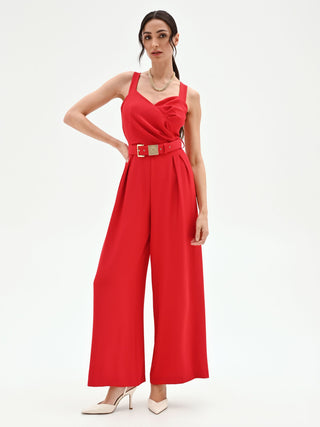 Belted Red Palazzo Jumpsuit