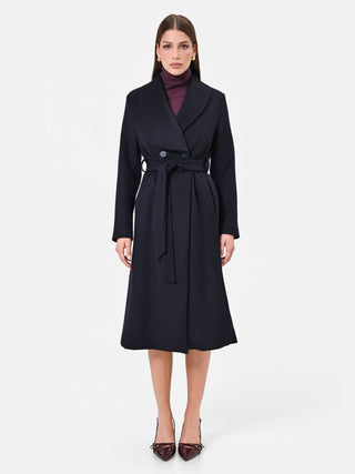 Cappotto lungo blu con collo a scialle