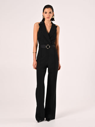 Black Jumpsuit with Lapels in Technical Fabric