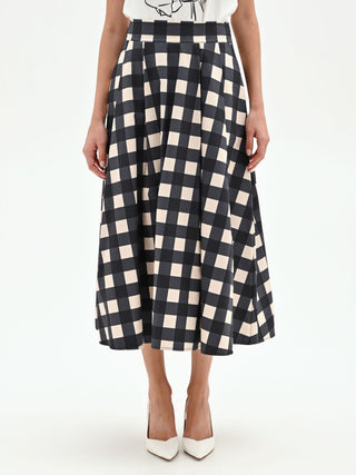 Gonna midi nera con fantasia a maxi quadri