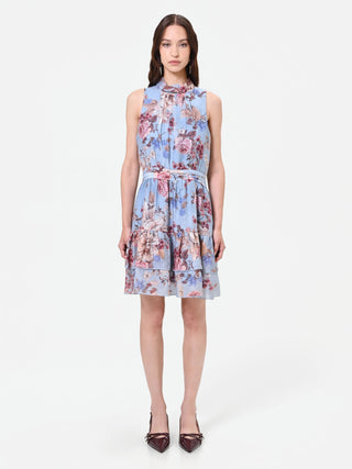 Robe courte fleurie bleu ciel à volants