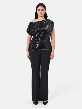 Curvy Black Asymmetrical Sequin Blouse