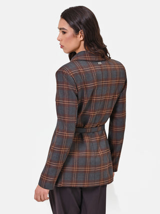 Brown Check Double-Breasted Jacket with Belt