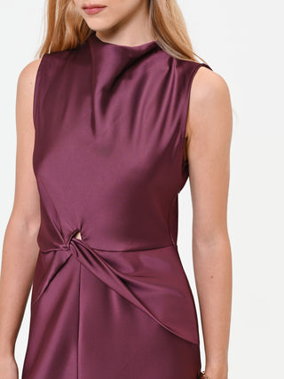 Long Burgundy Red Satin Dress with Draped Knot