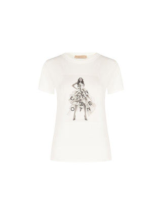 Cremefarbenes Baumwoll-T-Shirt mit Grafik-Print