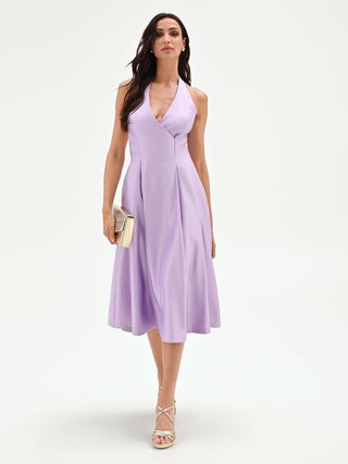 Lilac Satin Crossover Halterneck Midi Dress
