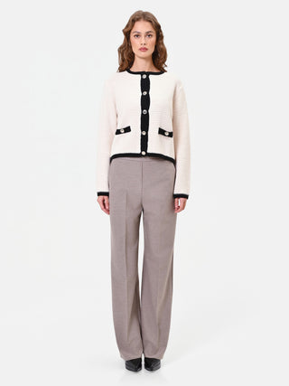 Cardigan bianco panna con profili a contrasto