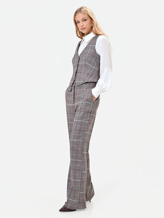 Polyviscose Wide-Leg Trousers in Dove Grey and Beige Prince of Wales Check