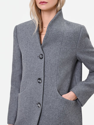 Grey Single-Breasted Coat with Stand Collar