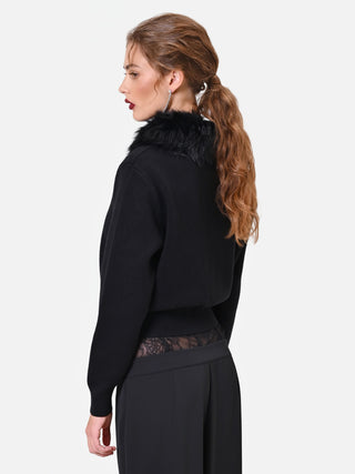 Cardigan in viscosa nero con collo effetto pelliccia