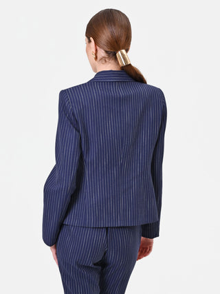 Giacca in misto viscosa blu navy gessata con bottone dorato