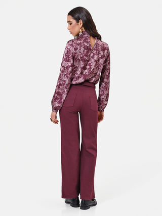 Jeans wide leg in cotone bordeaux con cintura