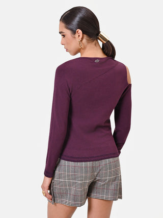 Maglia in viscosa bordeaux con scollo asimmetrico