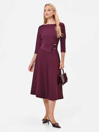 Burgundy Red Polyviscose Midi Dress with Buckle Detail