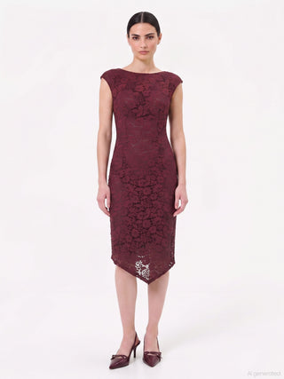 Robe fourreau bordeaux asymétrique en dentelle rebrodée