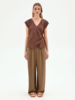 Blusa a portafoglio color cioccolato in viscosa