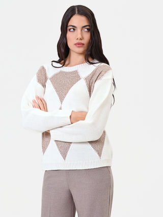 Maglia in lana bianco panna con motivo a rombi