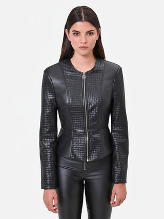 Schwarze Kunstlederjacke mit Schößchen