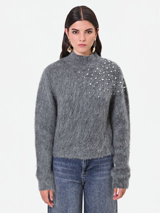 Crystal-Embellished Grey Mohair Sweater