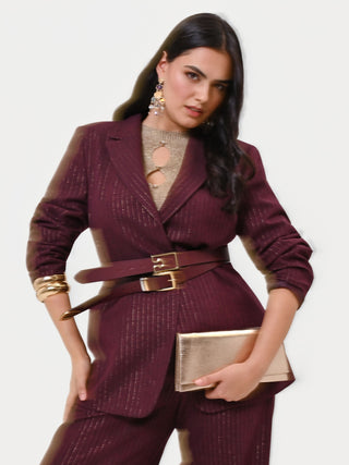Curvy Single-Breasted Burgundy Pinstripe Viscose-Blend Jacket