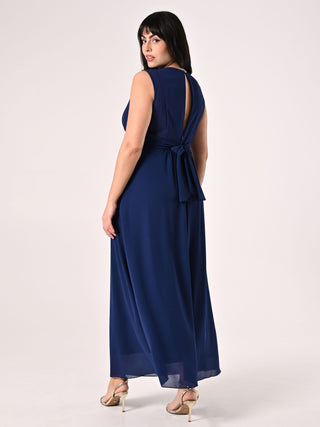 Abito Blu Curvy Lungo con Piping Strass