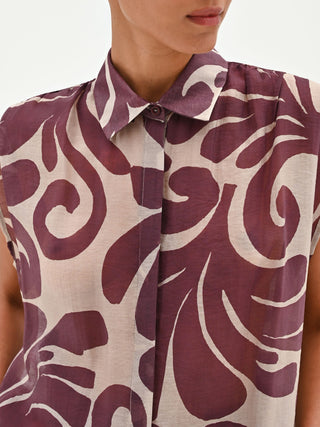 Brown Abstract Print Sleeveless Blouse