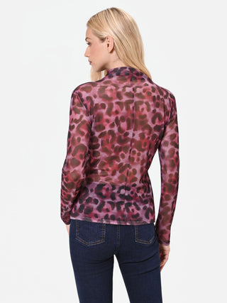 Fitted Burgundy Tulle Blouse with Animal Print