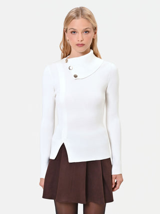 Cream-White Viscose-Blend Sweater with Asymmetrical Collar