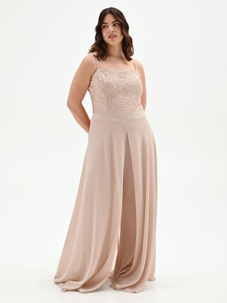 Tuta Curvy tortora beige con corpetto in pizzo