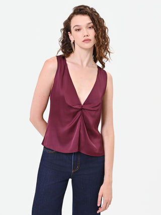 Burgundy Satin Knot-Front Top
