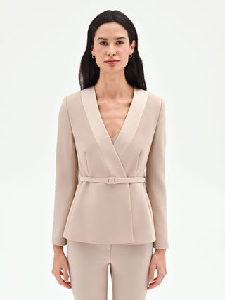 Taupe beige jacket with a belt and satin lapels