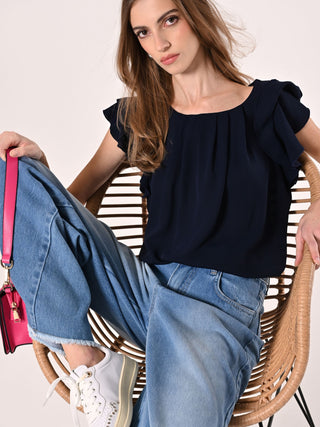 Blusa con Maniche ad Aletta Blu Navy