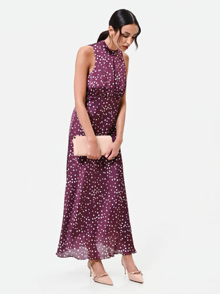 Burgundy Polka Dot Satin Maxi Dress