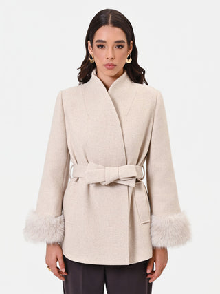 Short Beige Taupe Coat with Faux Fur Cuffs