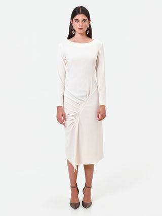 Robe midi blanche à drapé asymétrique