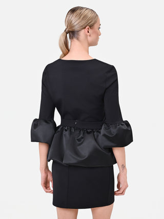 Black Viscose-Blend Blouse with Satin Ruffles