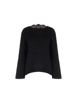 Pull en laine noire à encolure effilochée