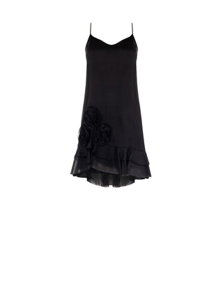 Mini abito nero in lyocell con rose applicate e balze