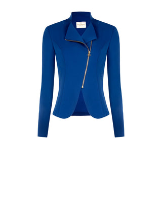 Bright blue jacket with asymmetrical zip